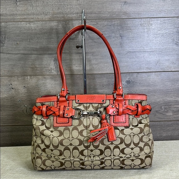 COACH HAMPTON F13068 KHAKI SIGNATURE BRAIDED ORANGE LEATHER TOTE BAG CARRYALL - Picture 1 of 12